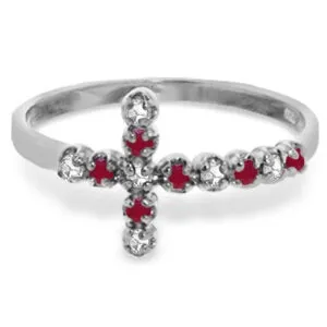 0.24 Carat 14K Solid White Gold Cross Ring Diamond & Ruby