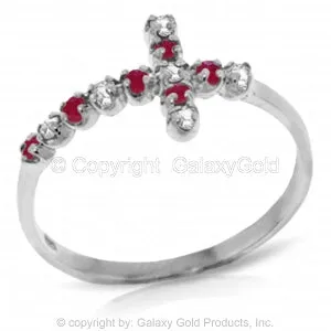 0.24 Carat 14K Solid White Gold Cross Ring Diamond & Ruby