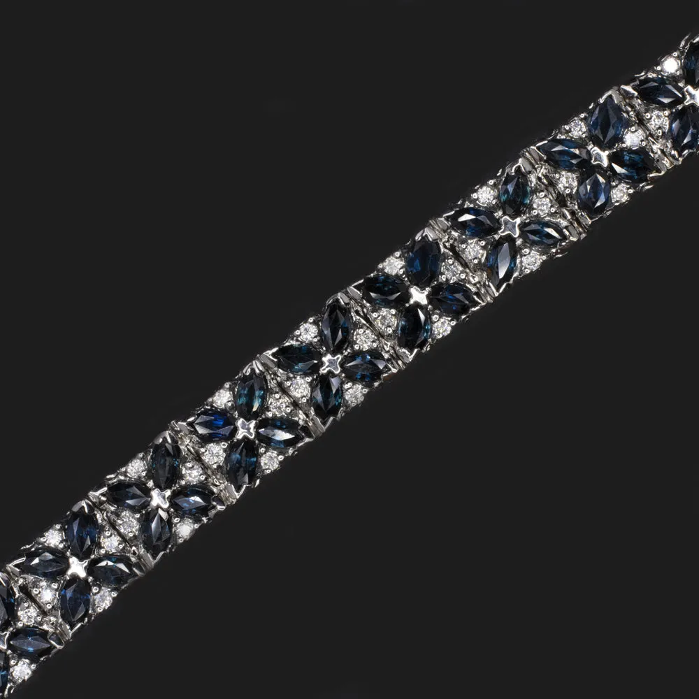 11 CARAT SAPPHIRE DIAMOND BRACELET 14k WHITE GOLD WIDE MARQUISE PATTERN BLUE