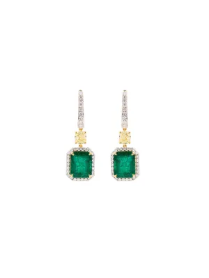 13.29ct Emerald Diamond 18K Gold Dangle Drop Earrings