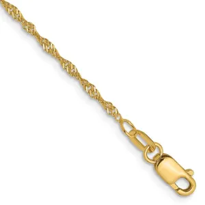 1.3mm 14K Yellow Gold Solid D/C Singapore Chain Anklet, 9 Inch