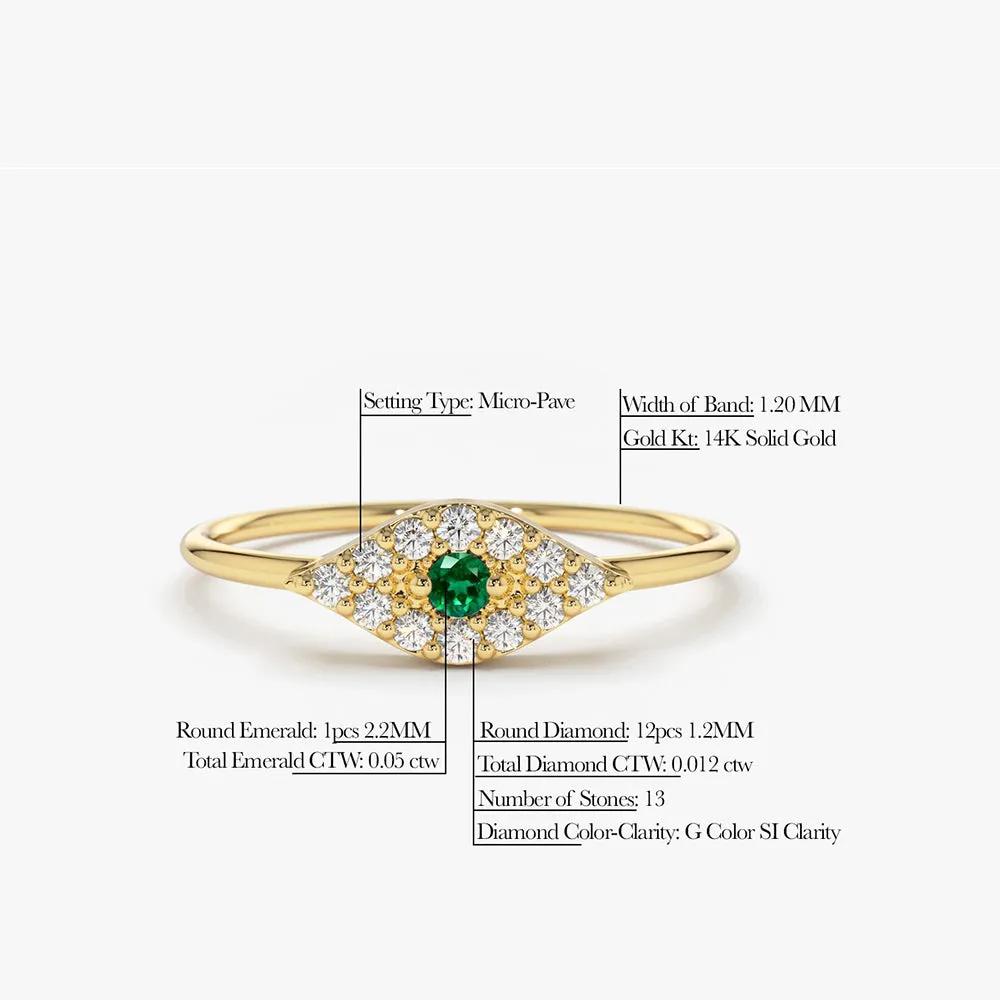 14K Diamond and Emerald Evil Eye Ring