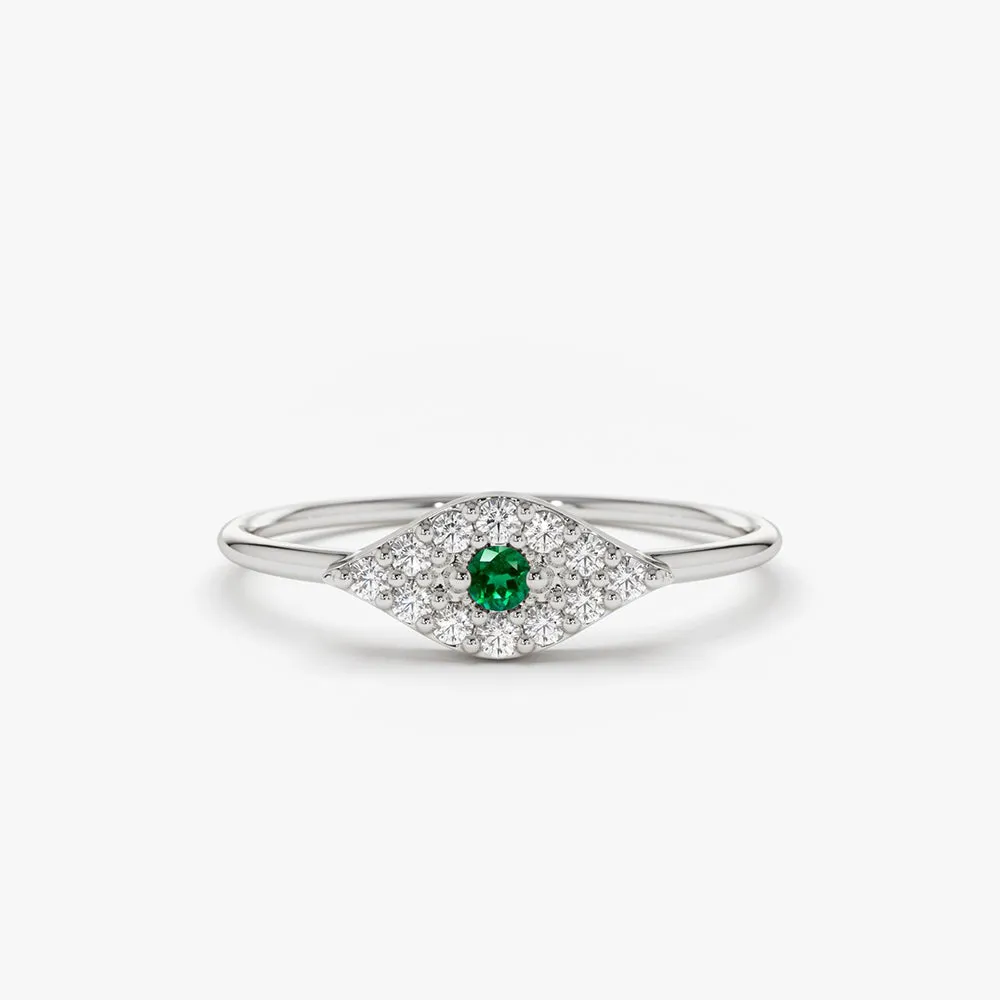 14K Diamond and Emerald Evil Eye Ring