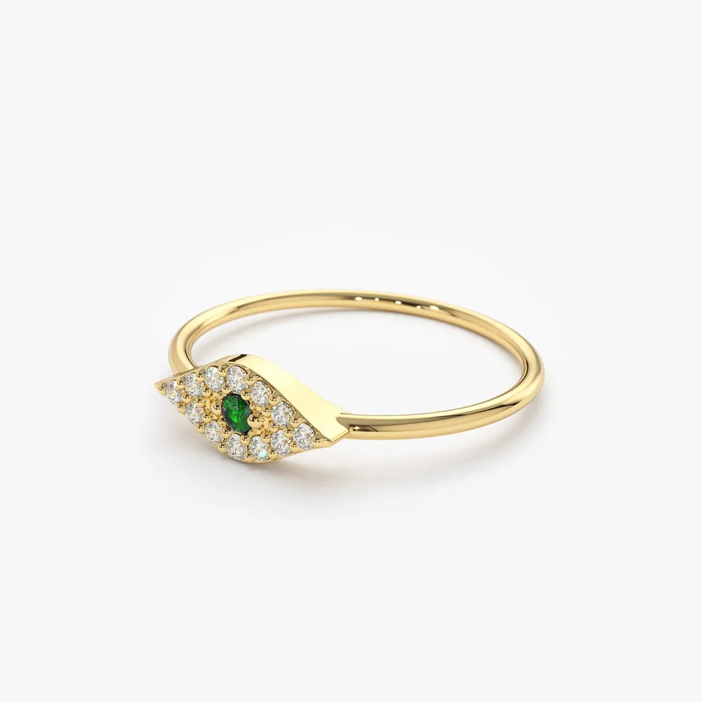 14K Diamond and Emerald Evil Eye Ring