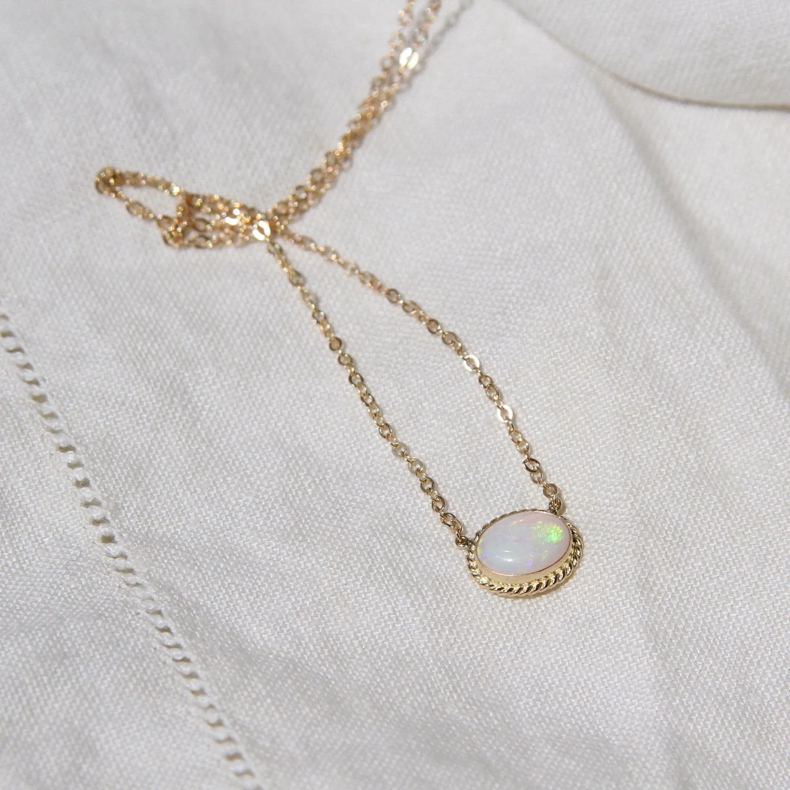 14k Gold East West Bezel Set Opal Necklace