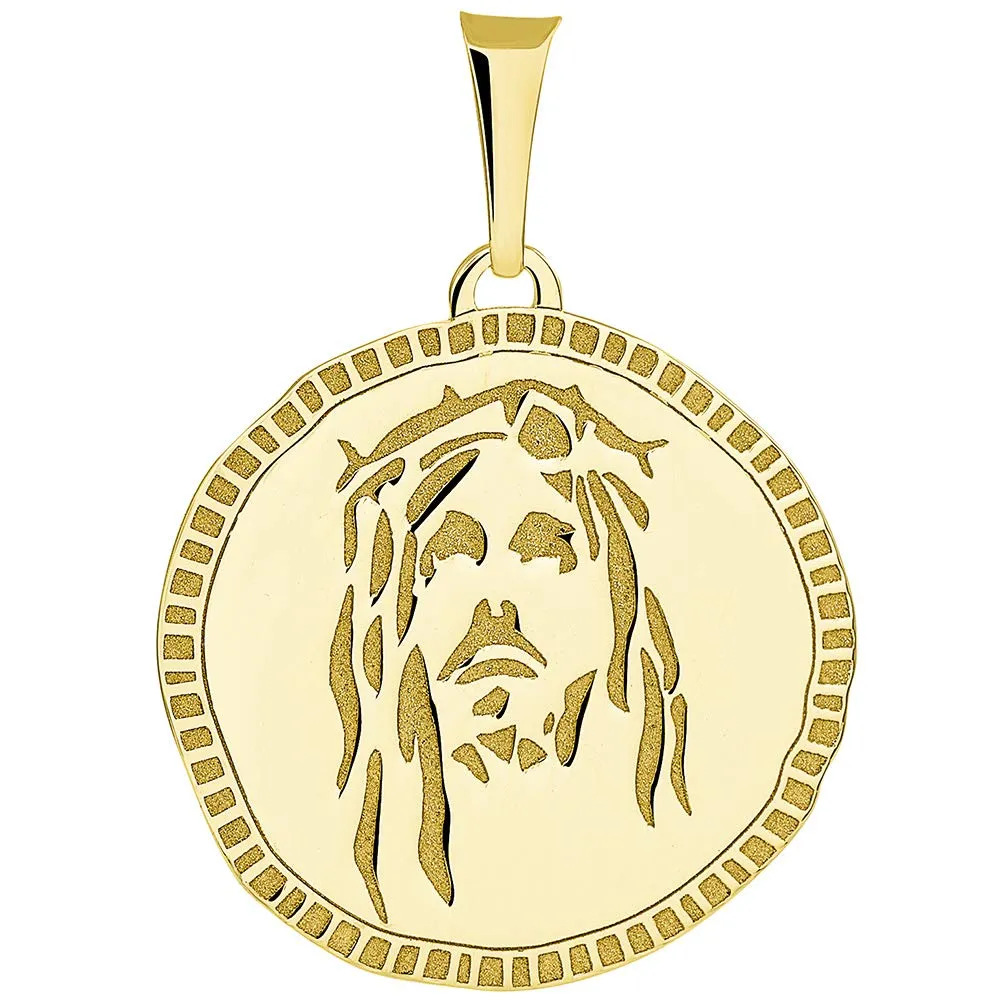 14k Gold Hand Engraved Face of Jesus Christ Medallion Pendant with Cuban Chain Necklace - Yellow Gold