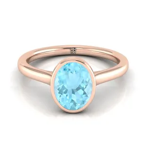 14K Rose Gold Oval Aquamarine Simple Bezel Solitaire Engagement Ring