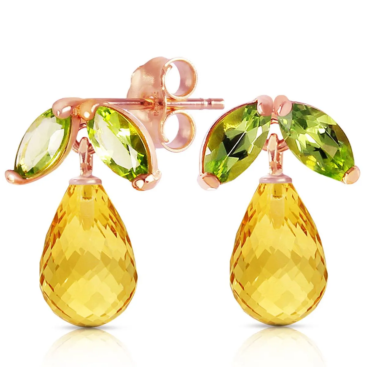 14K Solid Rose Gold Stud Earrings w/ Peridots & Citrines