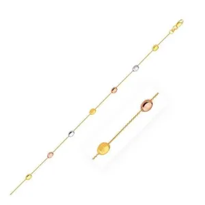 14k Tri-Color Gold Puffed Oval Shape Station Adjustable Anklet, size 10''