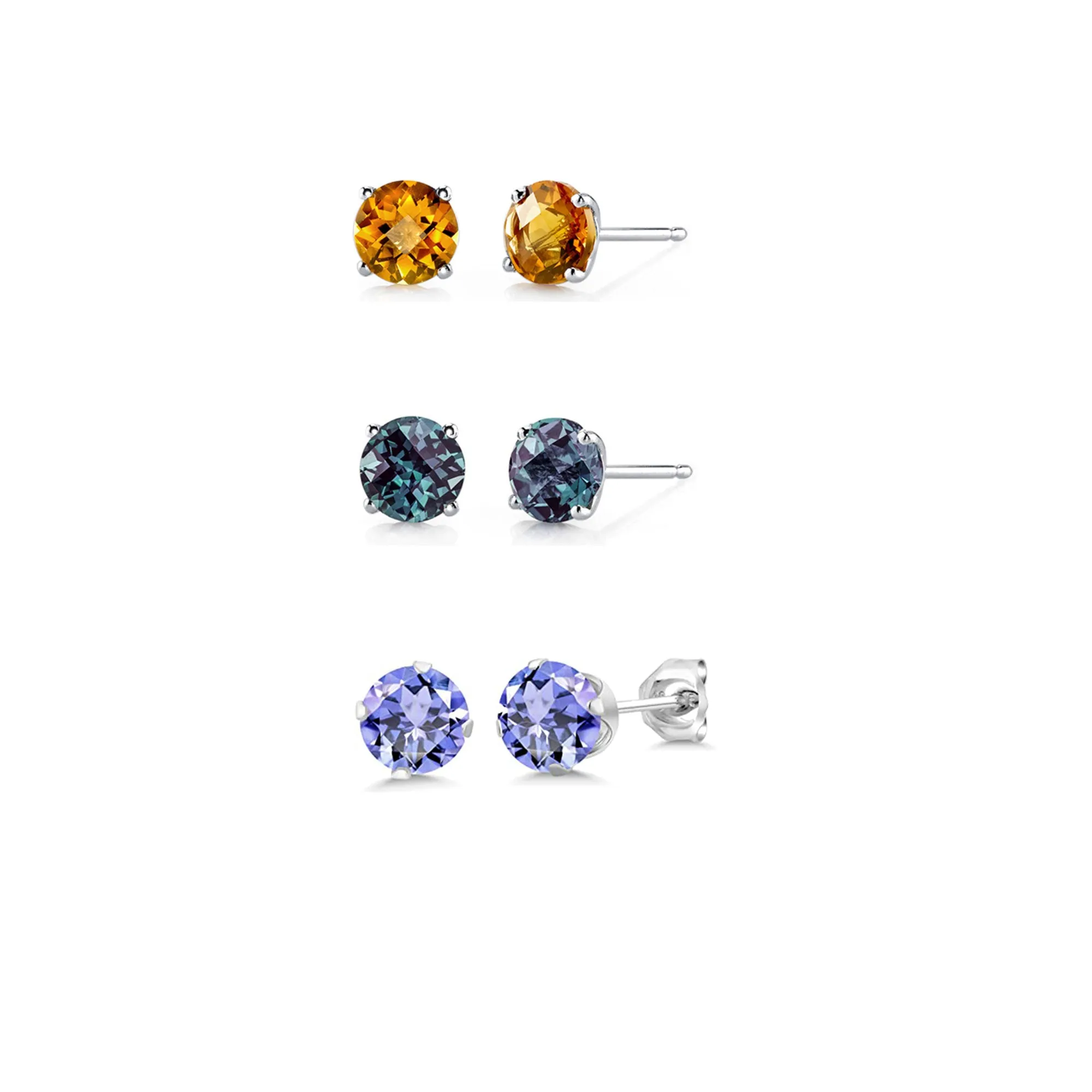 14k White Gold Plated 2Ct Created Citrine, Alexandrite and Tanzanite 3 Pair Round Stud Earrings