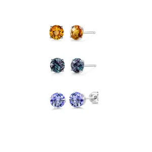 14k White Gold Plated 2Ct Created Citrine, Alexandrite and Tanzanite 3 Pair Round Stud Earrings