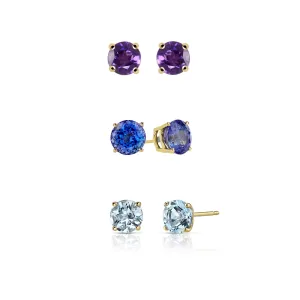 14k Yellow Gold Plated 1/2Ct Created Amethyst, Tanzanite and Aquamarine 3 Pair Round Stud Earrings