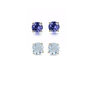 14k Yellow Gold Plated 4Ct Created Tanzanite and Aquamarine 2 Pair Round Stud Earrings