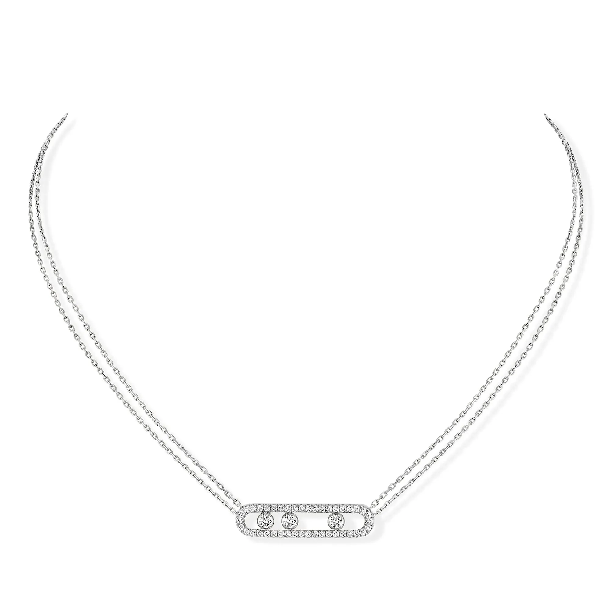 18ct White Gold Move Pave Three Diamond And Pave Set Diamond Necklace