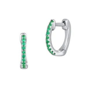 18ct White Gold Small Slim Emerald Huggie Hoop Earrings 9mm