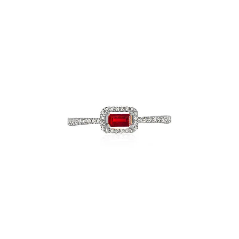 18k Gold Rectangle Shape Ruby Ring Surrounded by Diamond