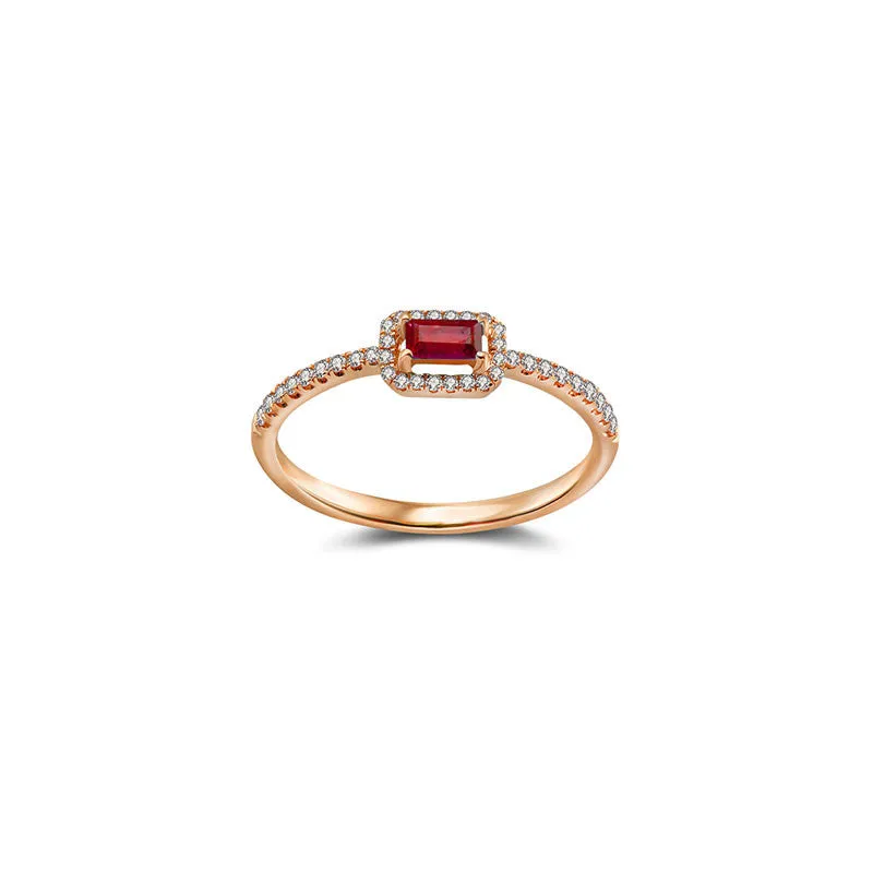 18k Gold Rectangle Shape Ruby Ring Surrounded by Diamond