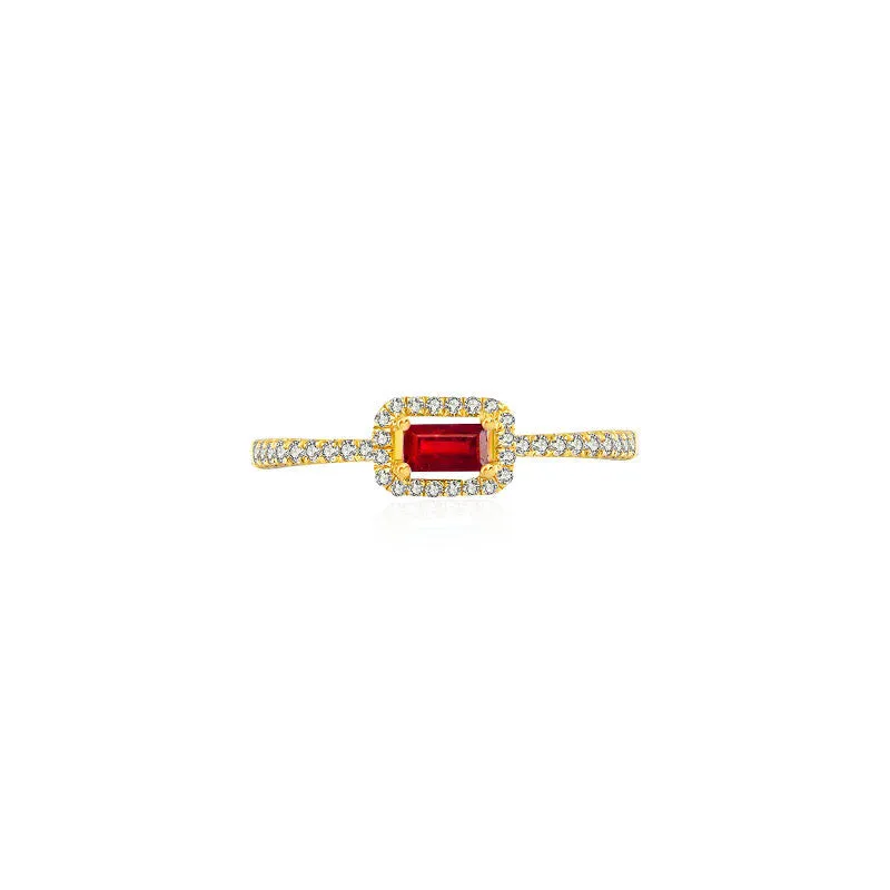 18k Gold Rectangle Shape Ruby Ring Surrounded by Diamond