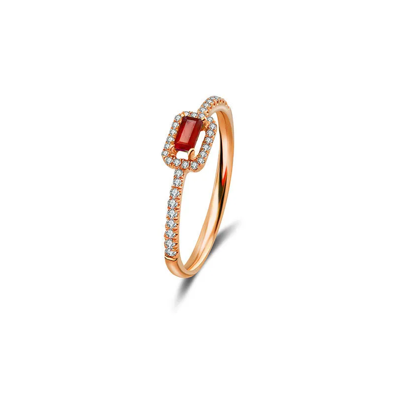 18k Gold Rectangle Shape Ruby Ring Surrounded by Diamond