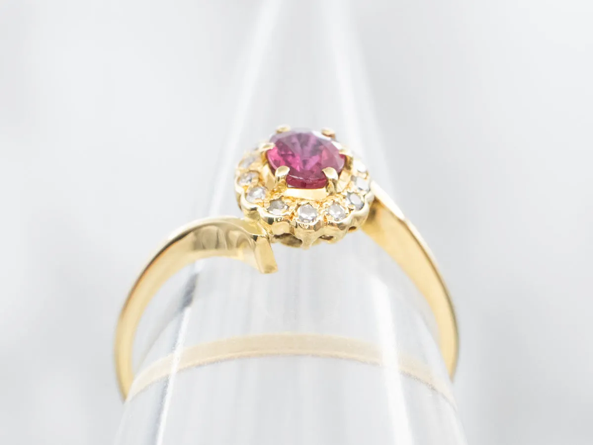 18K Gold Ruby and Diamodn Halo Bypass Ring