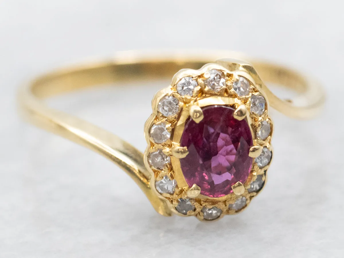 18K Gold Ruby and Diamodn Halo Bypass Ring