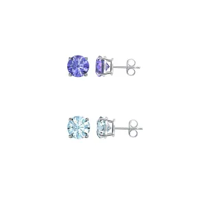 18k White Gold Plated 1Ct Created Tanzanite and Aquamarine 2 Pair Round Stud Earrings