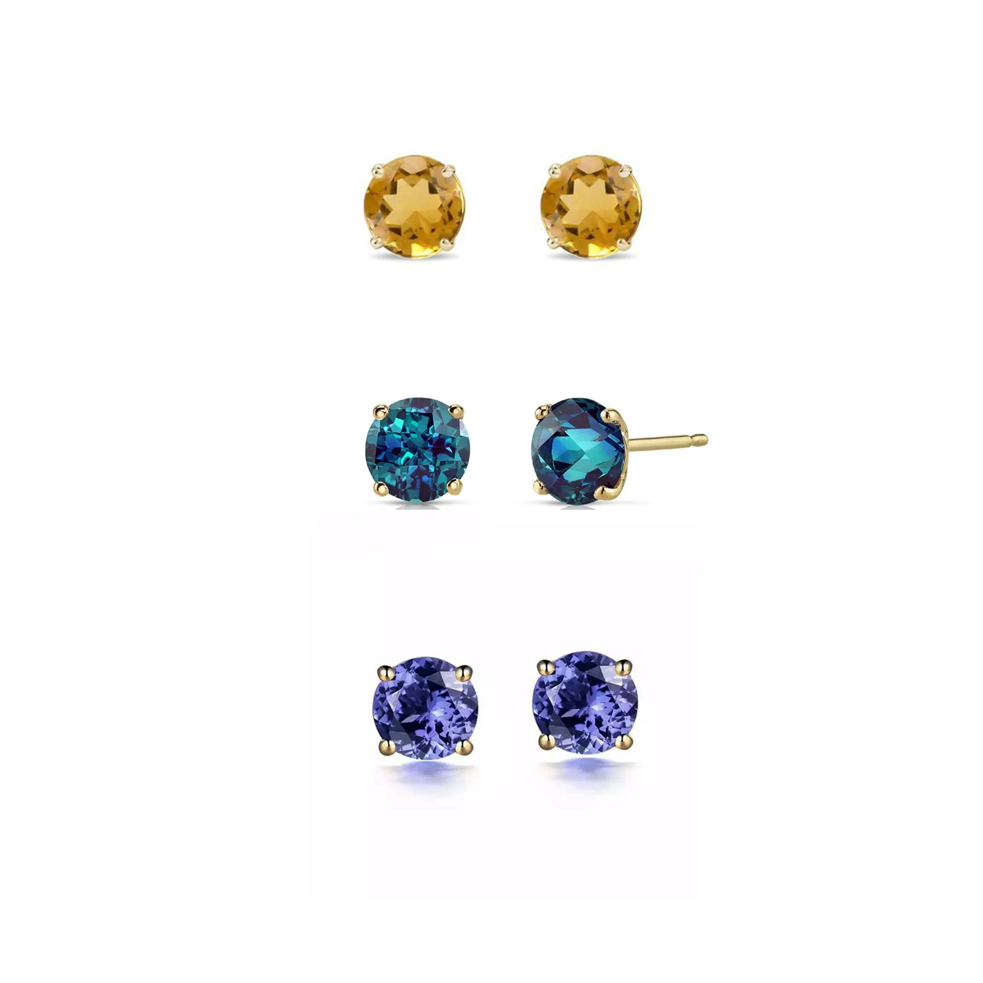 18k Yellow Gold Plated 2Ct Created Citrine, Alexandrite and Tanzanite 3 Pair Round Stud Earrings