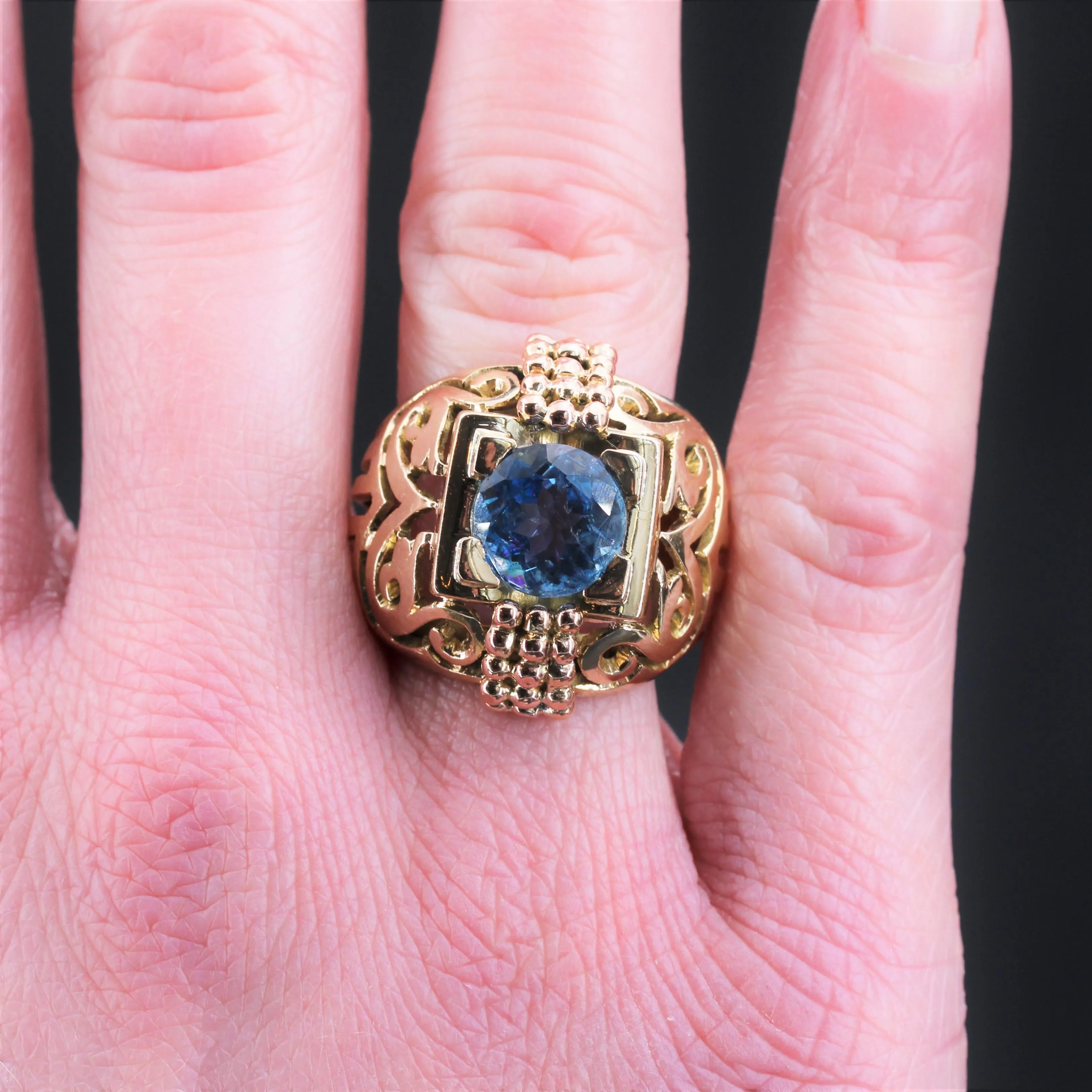 1960s 2.65 Carat Aquamarine 18 Karat Yellow Gold Openwork Dome Ring