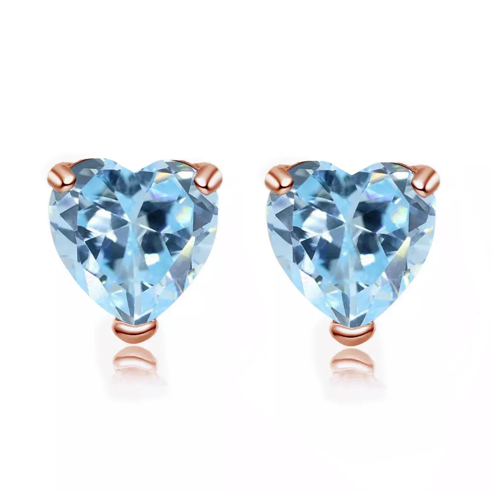 24k Rose Gold  Plated 1/2 Carat Heart Created Aquamarine Sapphire Stud Earrings