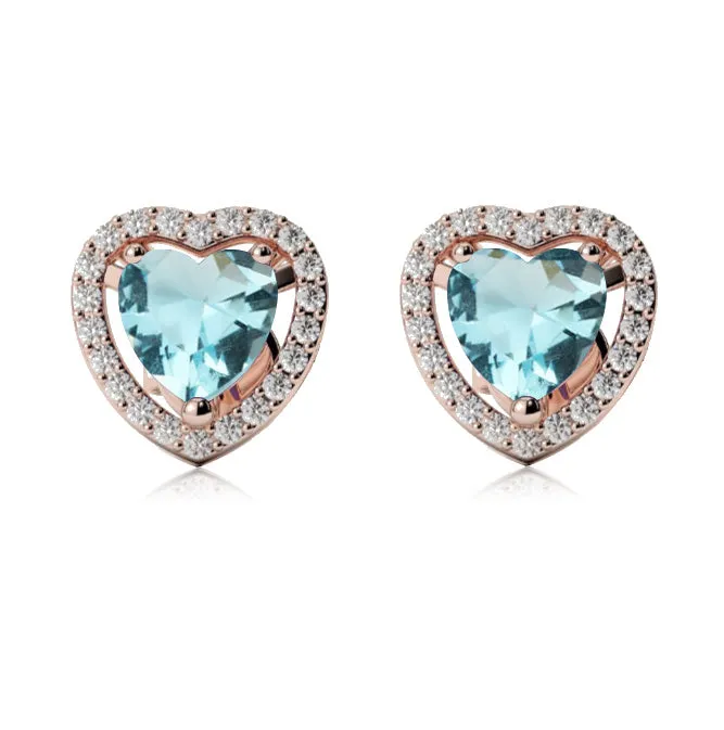 24k Rose Gold Plated 2 Ct Created Halo Heart Aquamarine Stud Earrings