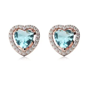 24k Rose Gold Plated 2 Ct Created Halo Heart Aquamarine Stud Earrings