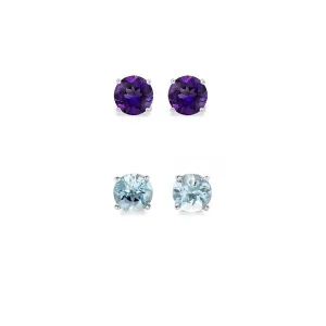 24k White Gold Plated 1Ct Created Amethyst and Aquamarine 2 Pair Round Stud Earrings