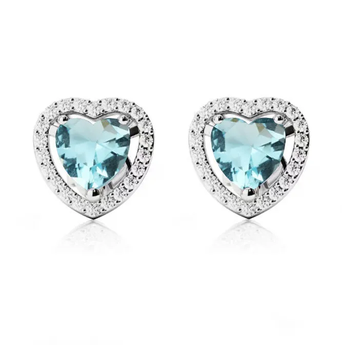 24k White Gold Plated 4 Ct Created Halo Heart Aquamarine Stud Earrings