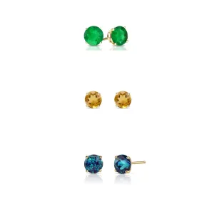 24k Yellow Gold Plated 1/2Ct Created Emerald, Citrine and Alexandrite 3 Pair Round Stud Earrings