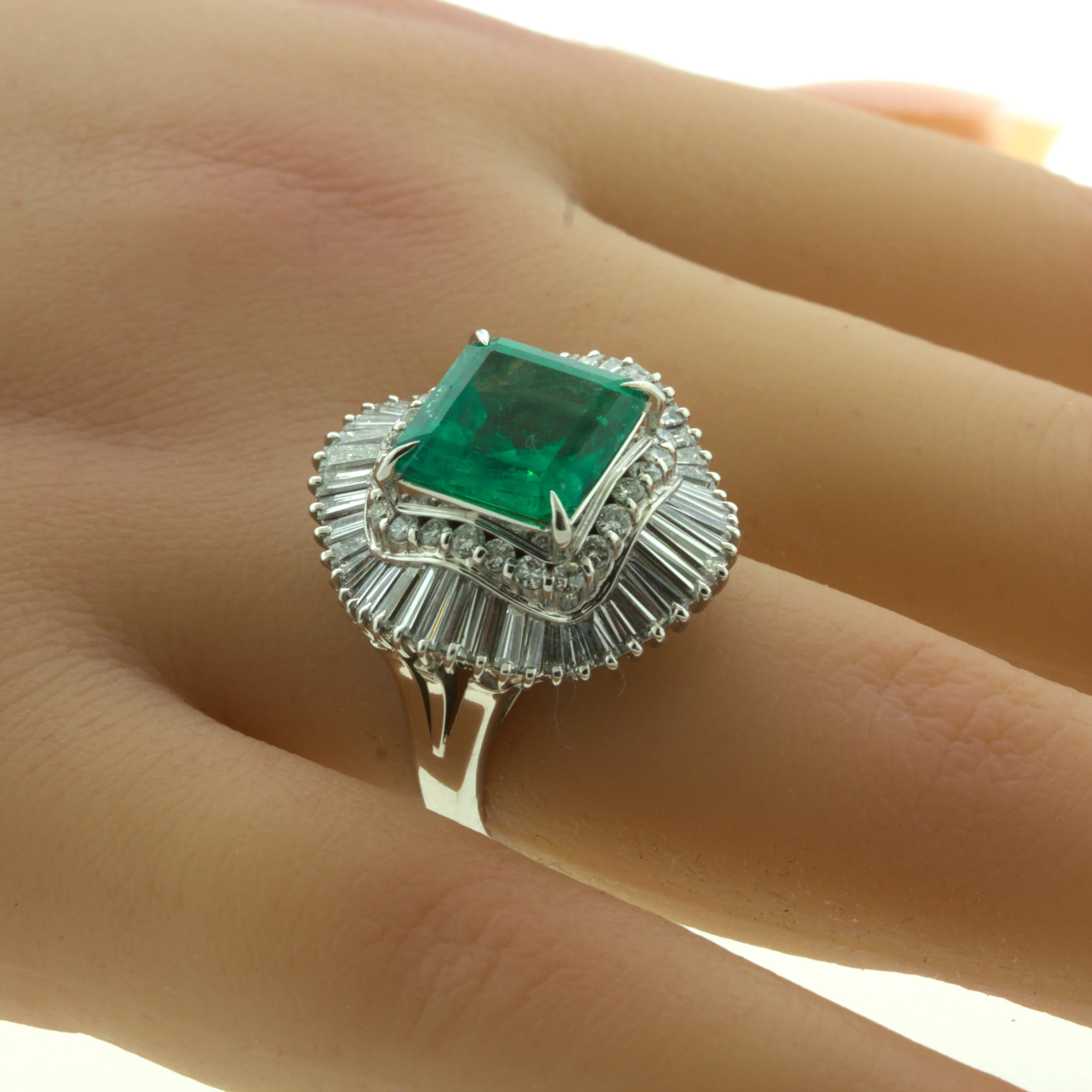 4.42 Carat Emerald Diamond Platinum Ballerina Ring