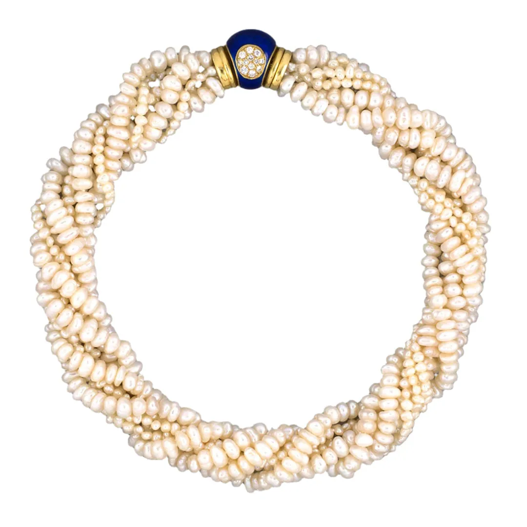 6-Strand Pearl Torsade Necklace with Sapphires, Diamonds & Blue Enamel