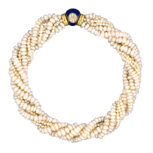 6-Strand Pearl Torsade Necklace with Sapphires, Diamonds & Blue Enamel