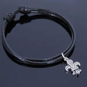 925 Sterling Silver Vintage Fleur de Lis Pendant Handmade Adjustable Wax Rope Bracelet Men Women DiyNotion BR523