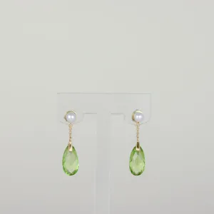 9ct Yellow Gold 4.37ct Pear Briolette Peridot and Pearl Drop Stud Earrings