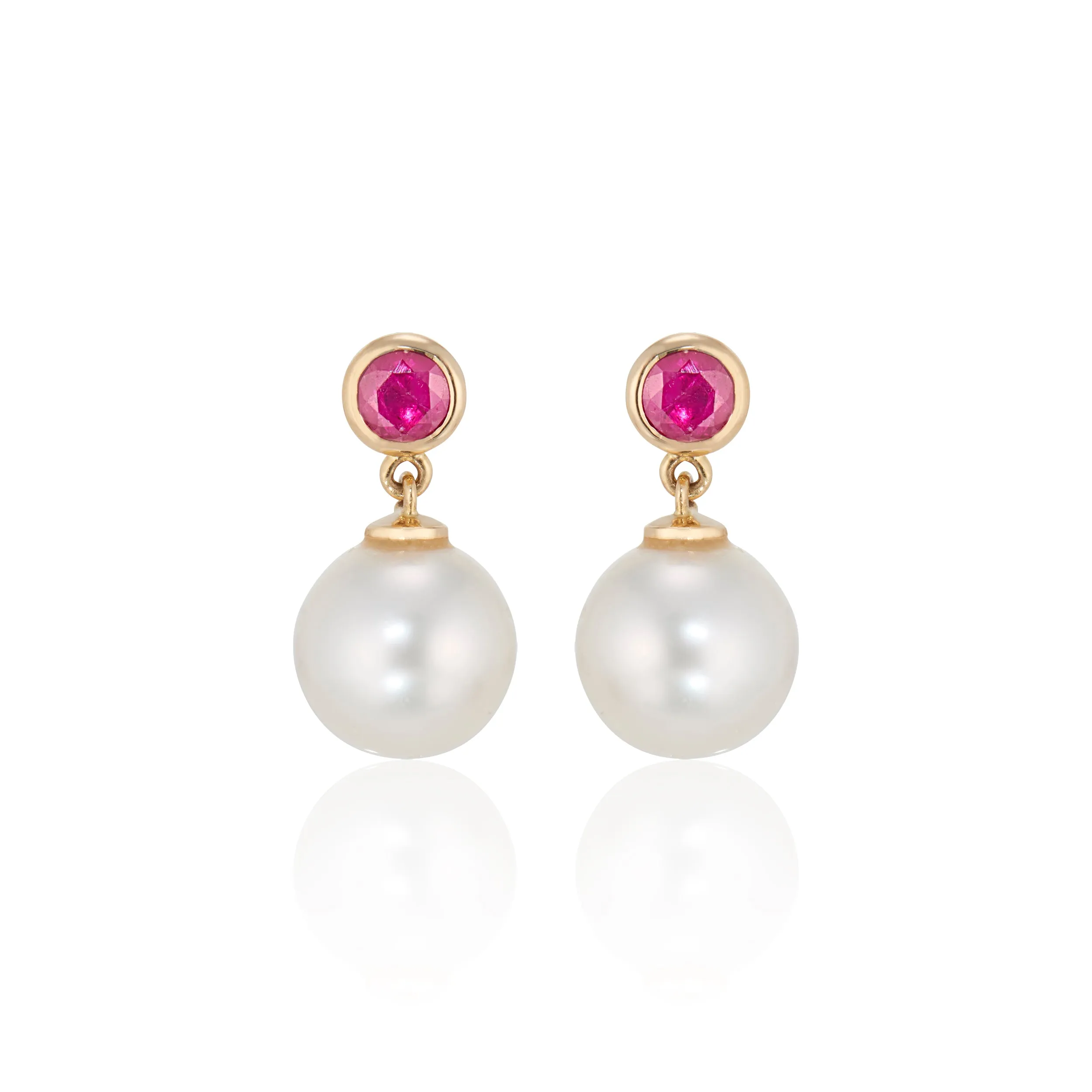 Annie Ruby and Pearl Drop Earrings, 14K Yellow Gold