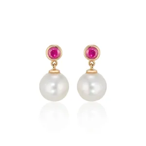 Annie Ruby and Pearl Drop Earrings, 14K Yellow Gold