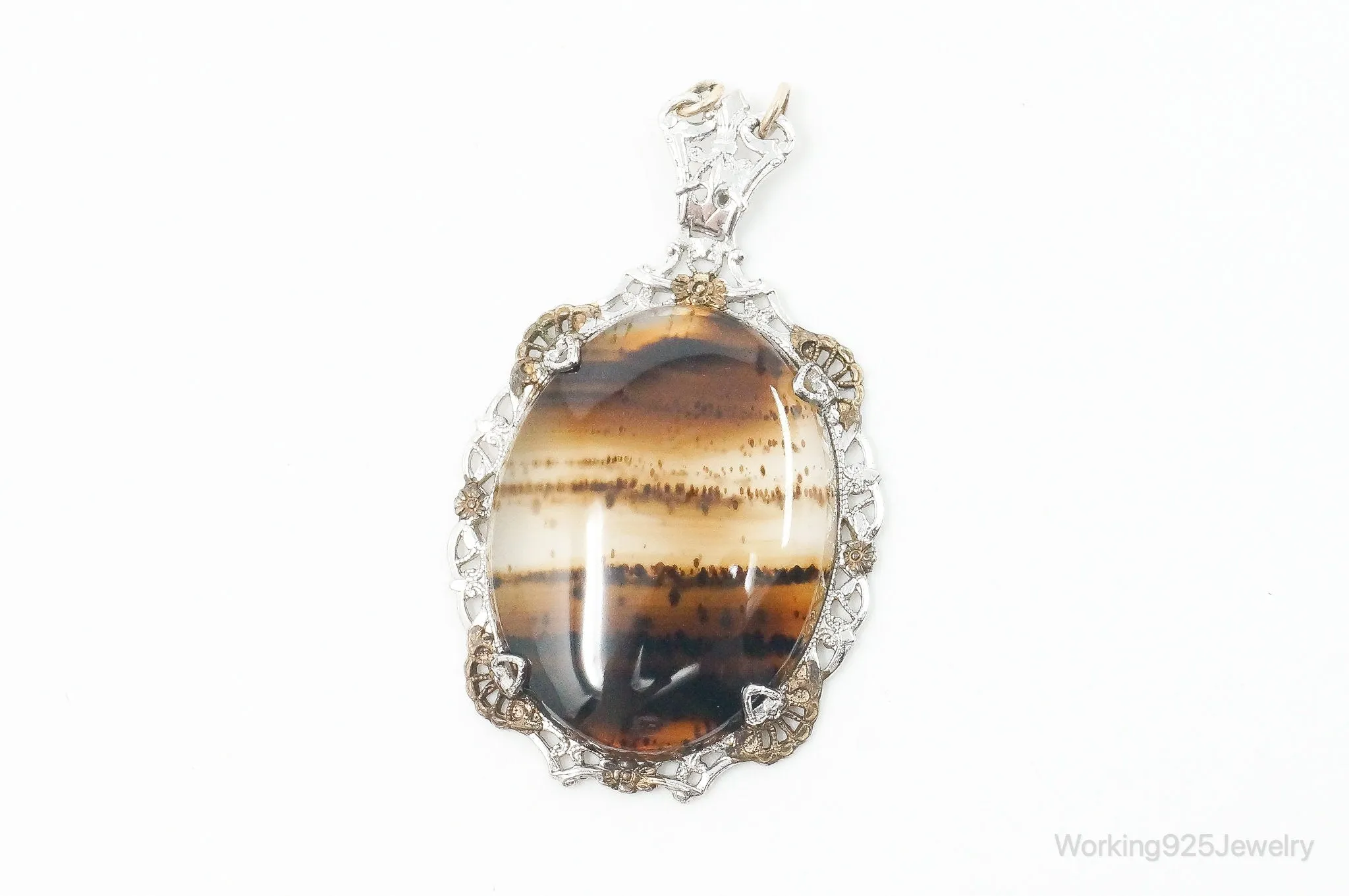 Antique Large Montana Agate Sterling Silver Necklace Pendant