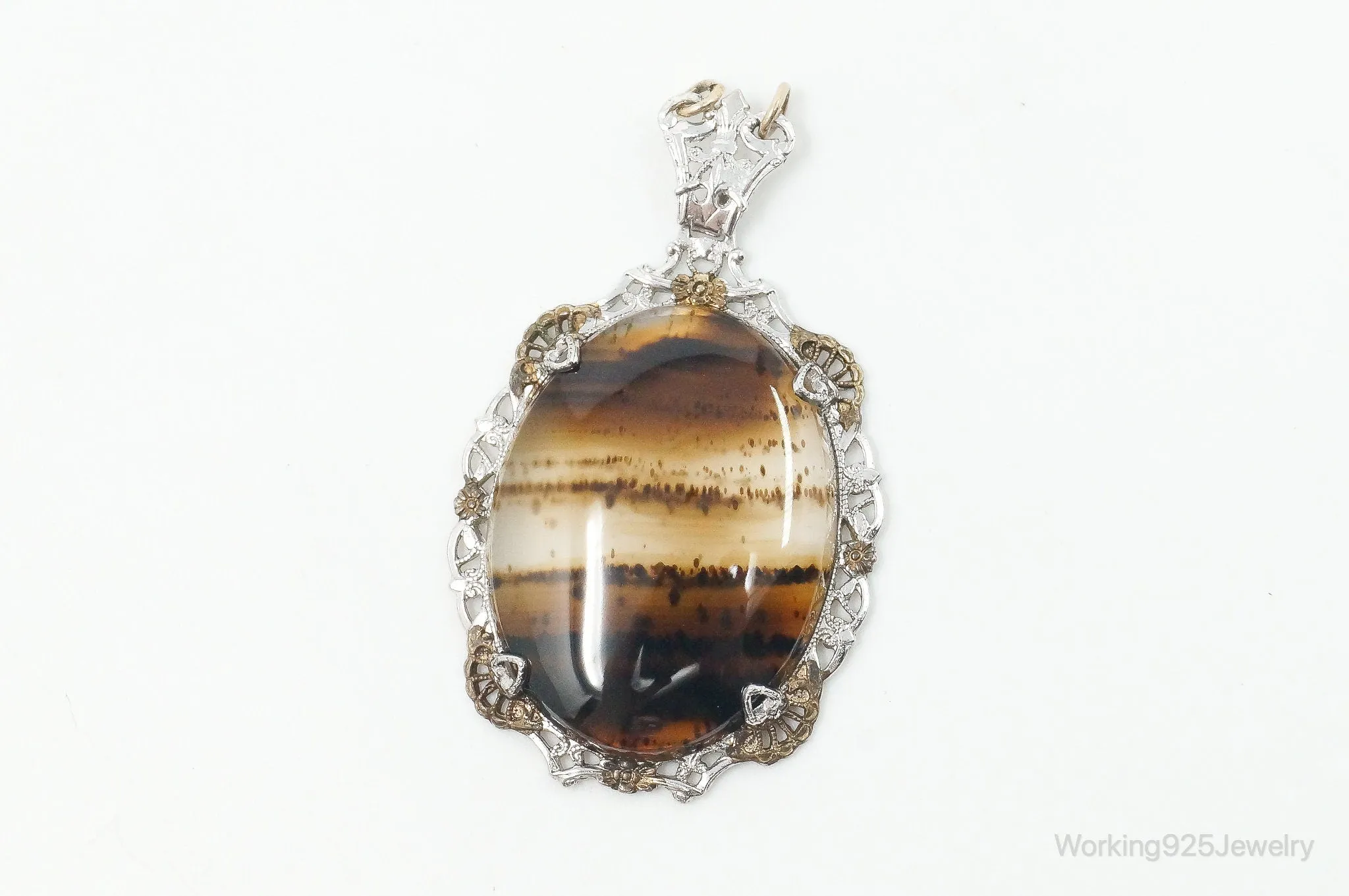 Antique Large Montana Agate Sterling Silver Necklace Pendant