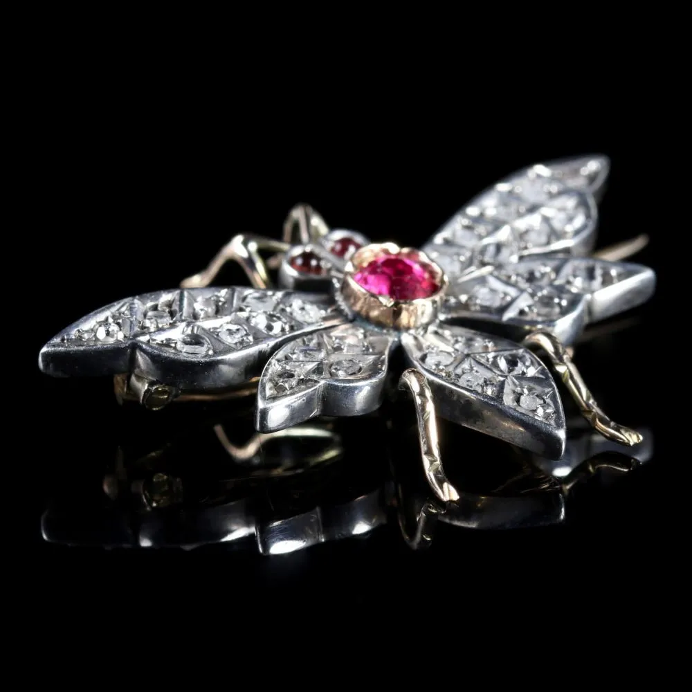 Antique Victorian Ruby Diamond Bee Brooch Silver 18ct Gold