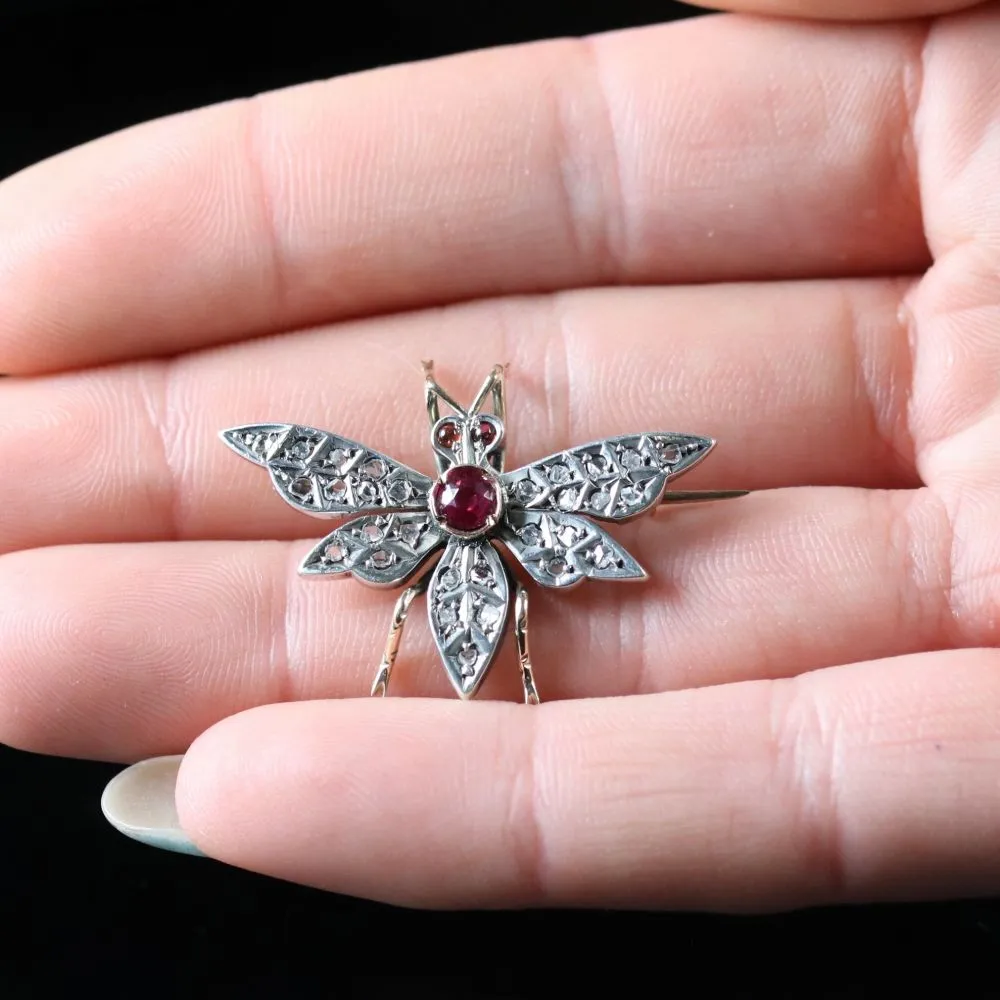 Antique Victorian Ruby Diamond Bee Brooch Silver 18ct Gold