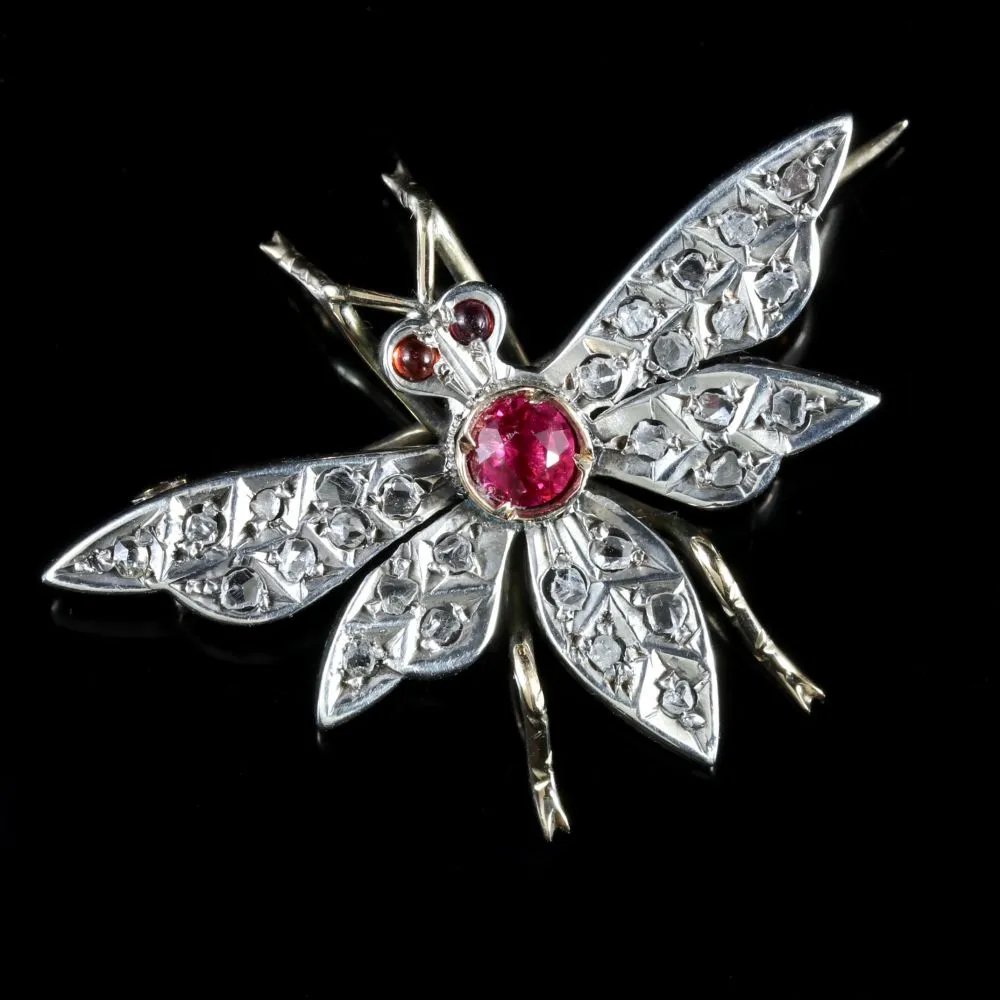 Antique Victorian Ruby Diamond Bee Brooch Silver 18ct Gold