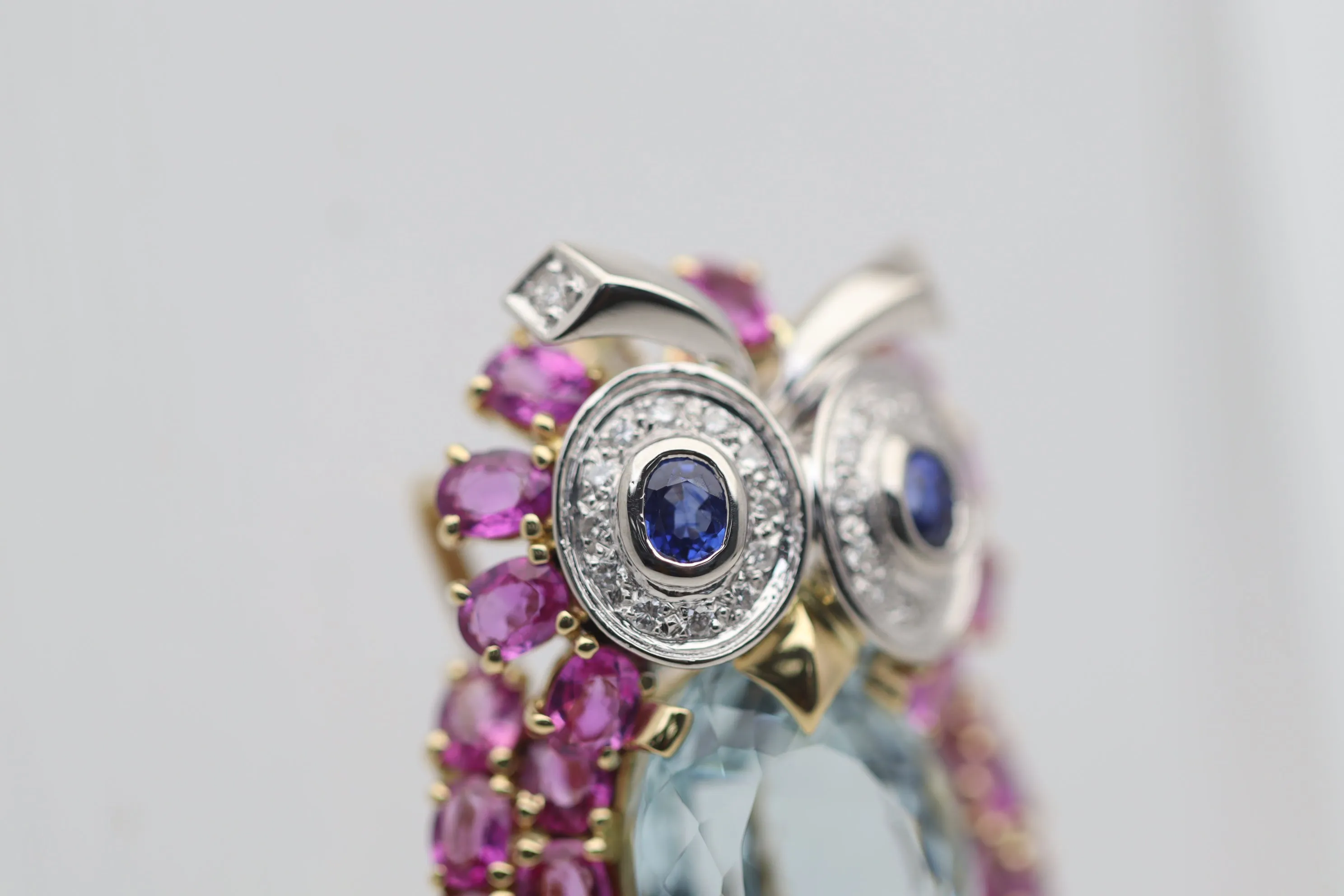 Aquamarine Diamond Sapphire Gold & Platinum Owl Brooch