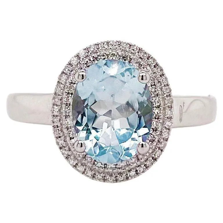 Aquamarine Double Diamond Halo Ring