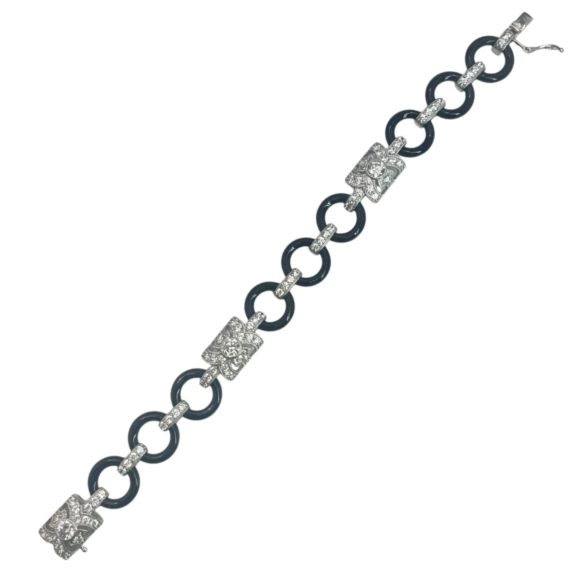 Art Deco 925 Sterling Silver Cubic Zirconia Link Bracelet Black Silver Statement