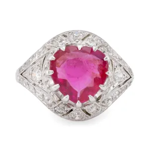 Art Deco French GIA 1.8 Carat Burma No Heat Ruby Diamond Platinum Ring